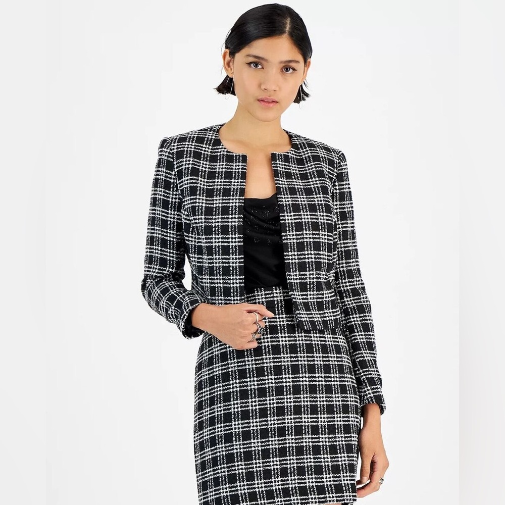 Bar III Black/White Plaid Tweed Cropped Jacket & Skirt Set ✨👩‍💼📓